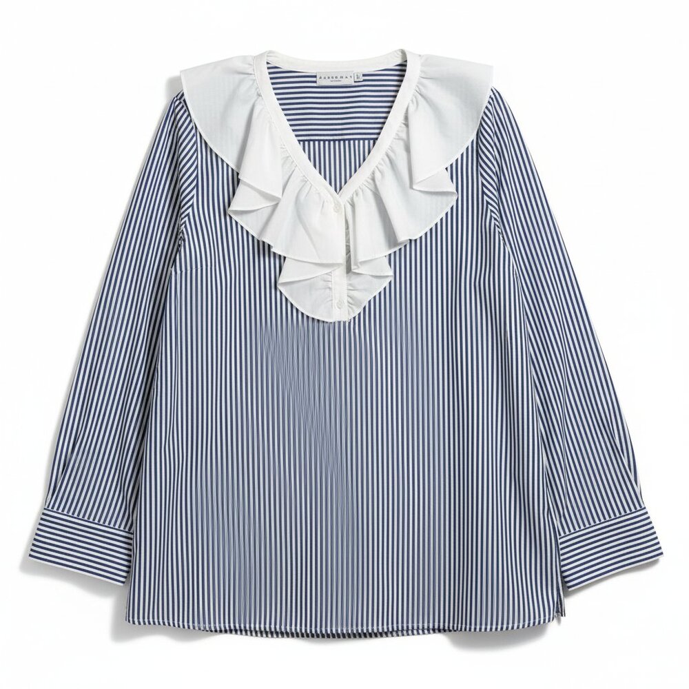 Harshman Vivienne Popover Tunic 2X Navy Stripe Cotton Ruffle Boho Coastal Preppy
